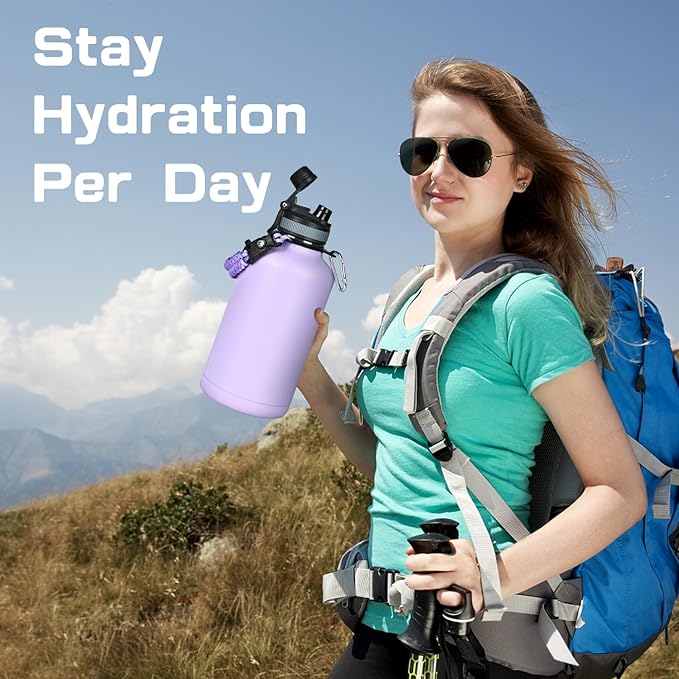 Insulated Water Bottle 64 oz, Half Gallon Water Jug Cold 48H, BPA Free Stainless Steel Bottles with Straw/Chug 2-in-1 Lid, Bag, Paracord Handle, Silicone Boot, Sports Gym School Metal Flask