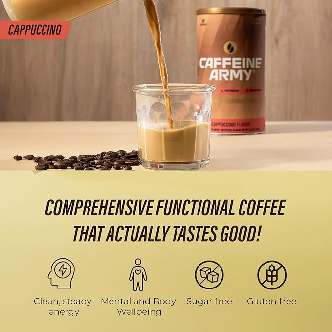 CAFFEINE ARMY Cappuccino | Comprehensive Functional Coffee with MCTs, CoQ10, Collagen and Adaptogens: Clean Energy + Supports Daily Attention, No Jitters or Crash (13.4 oz 38 Servings)