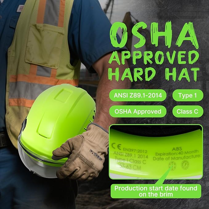 Aolamegs Construction Hard Hats for Adults - Hard Hats Construction OSHA Approved with Smoke Visor for Men Women ANSI Z89.1 Vented Safety Helmet, Hard Hat with Chin Strap,6 Point Suspension （Green
