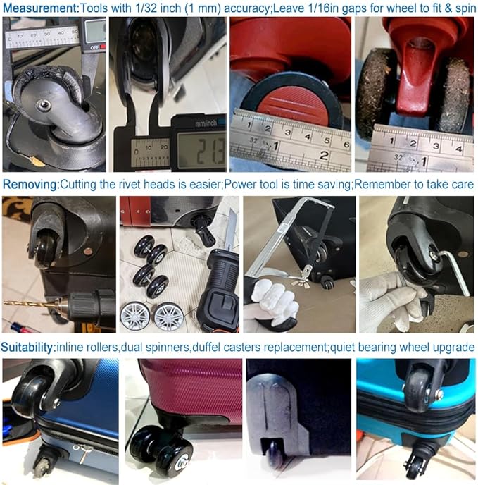 Luggage Suitcase Replacement Wheels Set of 4 PU Bearing Wheels-Install Width 0.8in/21mm with 3 Size Axles and Hacksaw for Trolley Bag Drawbar Box Smooth Rolling Repair(45mm x 18mm)