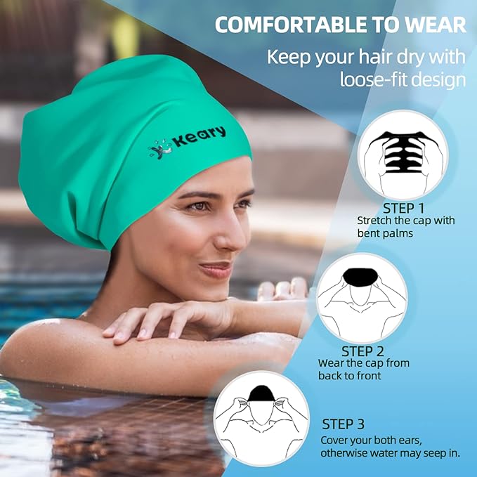 Keary Extra Large Swim Cap for Braids and Dreadlocks Extensions Weaves Long Hair, Waterproof Silicone Cover Ear Bath Pool Shower Swimming Cap for Adult Youth to Keep Hair Dry, Easy to Put On and Off