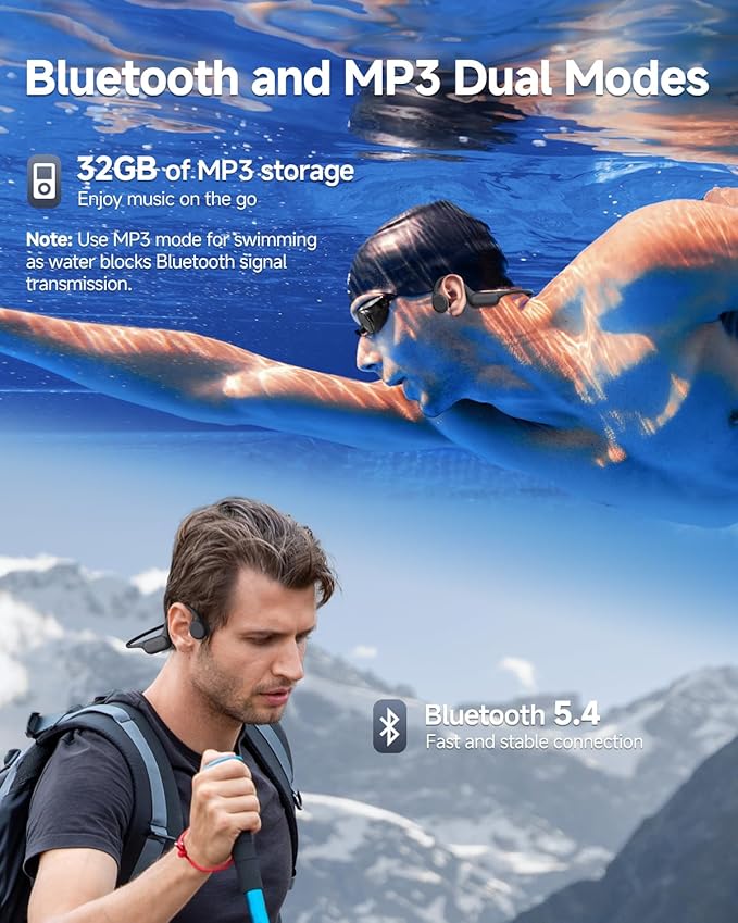 PSIER Bone Conduction Headphones IPX8 Waterproof Swimming Headphones Open Ear Headphones with MP3 Mode 32GB Memory Up to 8 Hours Playtime Bluetooth 5.4 Ear Buds Secure Fit for Running and Fitness