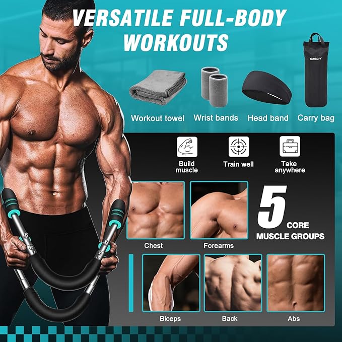 Twister Arm Trainer, Adjustable Chest Workout Equipment, Multi-functional Chest Exerciser for Men and Women, Portable Arm Trainer with 2 Wrist Bands, a Head Band, a Workout Towel and a Carry Bag