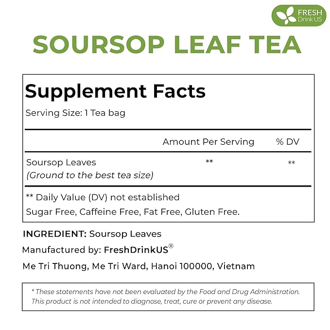 FreshDrinkUS, Premium 33 Soursop Graviola Leaf Tea Bags, 100% Natural & Pure from Soursop Leaves, Hoja Guanabana Herbal Tea. Made with Natural Material Tea Bags. No Sugar, No Caffeine, Vegan.