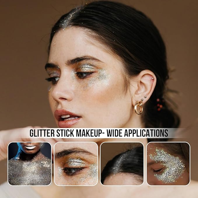 Brzeaf Silvery Body Glitter Stick, Waterproof & Long Lasting, Hair Eyeshadow Face Body Glitter, Singer Concert Music Halloween Rave Festival, Glitter Stick Makeup & Face Glitter Gel