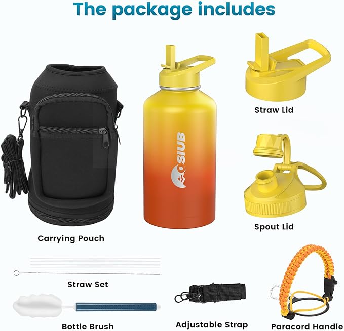 Insulated Water Bottle 64 oz, Triple Wall Vacuum Stainless Steel(Cold for 48 Hrs),Leak Proof & BPA-Free,Half Gallon Water Bottle with Reflective Paracord & Flip Straw for Sports & Travel, Sunset