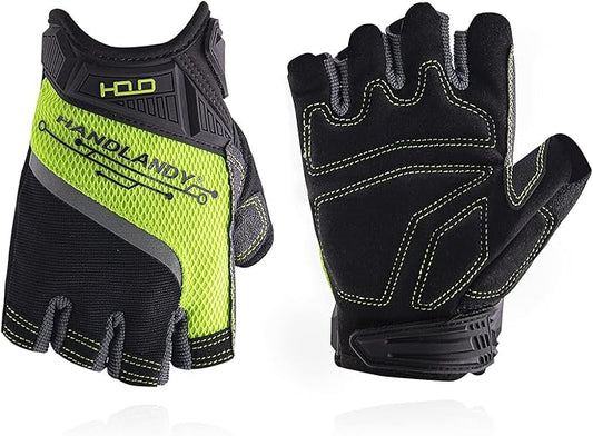 HANDLANDY Fingerless Work Gloves for Men Utility Padded Half Finger Driving Working Gloves (Large, Green)