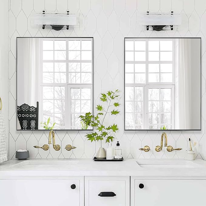 24x32 Inch Black Bathroom Mirror for Wall, Aluminum Frame Rectangle Rectangular Vanity Mirror, Modern Large for Bedroom, Living Room, Horizontal or Vertical