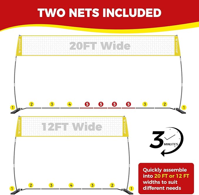 BAGAIL Volleyball Net, 12ft/20ft Portable Volleyball Net for Backyard - Adjustable Height, Heavy-Duty Frame, Freestanding Design - Portable Outdoor/Indoor Volleyball Set with Carry Bag