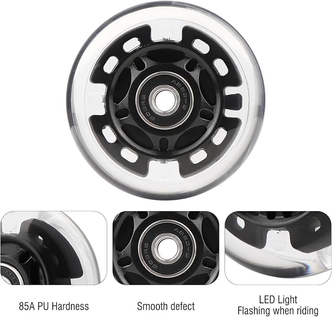 8pcs Inline Skate Wheels Led Light-Up Wheels 64/70/72/76/80mm w/Bushings 85-88A for Kids and Youth Beginners Children's Inline Skates Indoor/Outdoor Use (Black, 76mm)