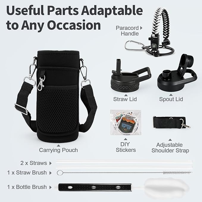 40 oz Insulated Water Bottle with Straw (Cold for 48 Hrs), Stainless Steel Triple Wall Vacuum Sports Water Jug, Leakproof Hydro Cup Flask with Paracord Handle & Straw Spout Lids & DIY Stickers