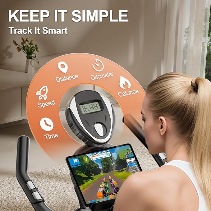 Exercise Bike, Brake Pad Stationary Bikes for Home with App Compatible, Low Noise Indoor Cycling Bike, 300lbs Capacity Compact Workout Bike with Tablet Mount & Extra Comfort Seat
