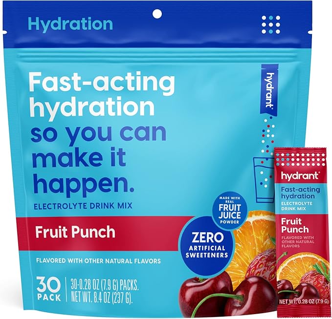 HYDRANT Hydrate, Individual Hydration Electrolyte Powder Stick Packets with No Artificial Sweeteners, Colors, or Fillers (Fruit Punch, 30 Pack)