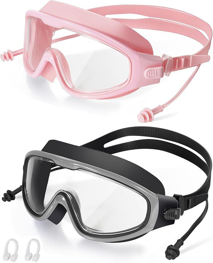 Adult Swimming Goggles,Leak-Proof,Anti-Fog Pool Glasses,Wide View Swim Goggles with Ear Plugs and Nose Clip