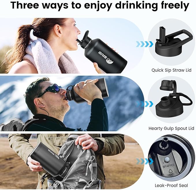 Insulated Water Bottle 128 oz, Triple Wall Vacuum Stainless Steel(Cold for 48 Hrs),Leak Proof & BPA-Free,One Gallon Water Bottle with Reflective Paracord & Flip Straw for Sports & Travel, Black