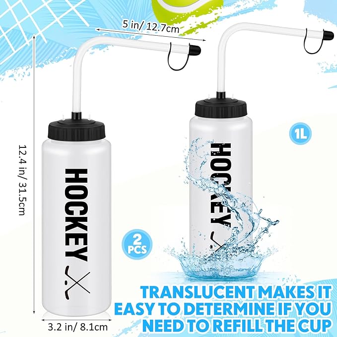 Domensi 2 Pack 1 Liter Sports Water Bottle with Long Straw Hockey Lacrosse 34 Oz Water Bottle Easy Squeeze Plastic Use with Sport Helmet in Football Baseball(Pure Black,Printed)