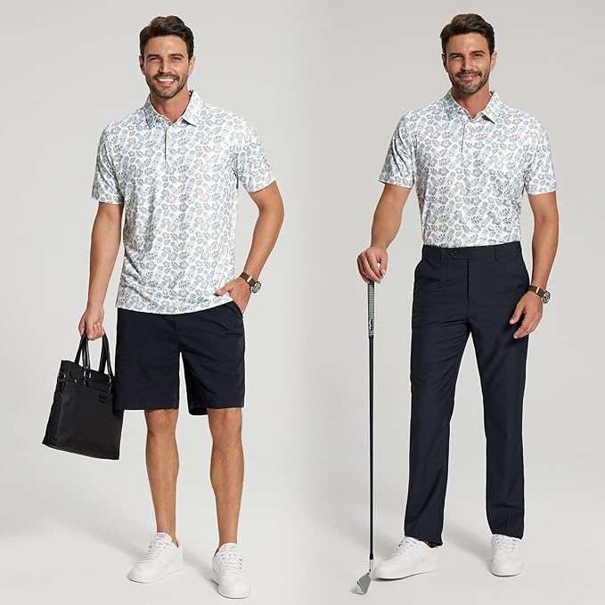 Golf Shirts for Men - Moisture Wicking Short Sleeve Performance Sport Casual Striped Collared Mens Polo Shirt