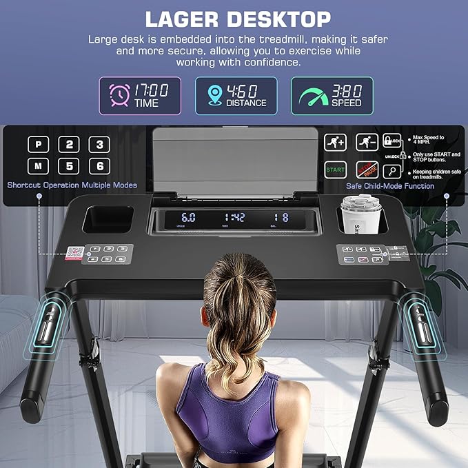 Treadmill with Desk Workstation & Adjustable Height, 300 LBS Weight Capacity, Folding Treadmill with 3 Level Incline, Bluetooth Speaker & App, Portable 2.5HP Walking Pad with Desktop for Home Office