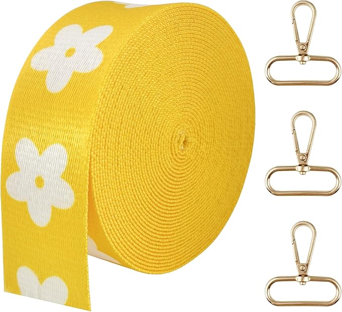 Printed Flower Nylon Webbing with Buckle 1 1/2 inch 6 Yards Yellow Heavy Duty Patterned Fabric Webbing Luggage Handle Jacquard Ribbon for Backpack Bags-Decorative Supplies-Clothing-Sewing-DIY Crafts