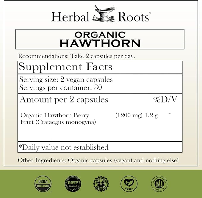 Herbal Roots Organic Hawthorn Berry Capsules | Extra Strength 1,200mg per Serving | 60 Vegan Capsules