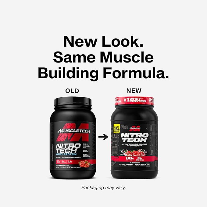 Whey Protein Powder MuscleTech Nitro-Tech Whey Protein Isolate & Peptides Lean Protein Powder for Muscle Gain Muscle Builder for Men and Women Sports Nutrition Strawberry, 2.2 lb (22 Servings)
