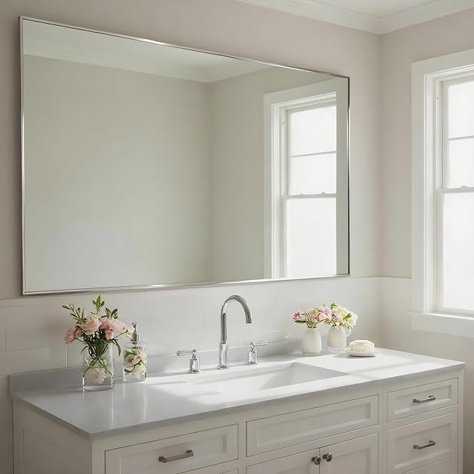 27x40 Inch Nickel Bathroom Mirror for Wall, Aluminum Frame Rectangle Rectangular Vanity Mirror, Modern Large for Bedroom, Living Room, Horizontal or Vertical