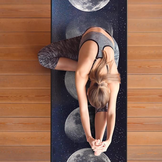 QiyI Yoga Mat Towel with Corner Pockets, Non Slip Sweat Absorbent Hot Yoga Towels, Soft Yoga Blankets with Travel Bag, Skidless Mat Cover for Workout, Gym, Fitness - 74"x26", Moon Cycle