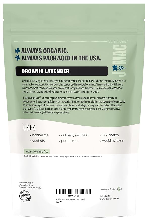 J MAC BOTANICALS, Organic Lavender Flower (4 oz), Dried Lavender Flowers, Buds, Manufactured in The USA