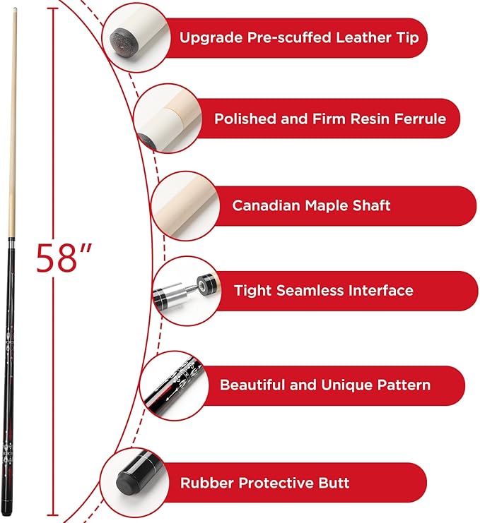 Pool Cue, 58" Billiard Cue Stick 2-Piece 13mm Maple Wood Pool Cue Stick 18 19 20 21oz for Bar House Pool Table Sports