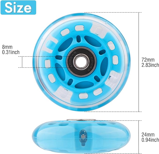 8pcs Inline Skate Wheels Led Light-Up Wheels 64/70/72/76/80mm w/Bushings 85-88A for Kids and Youth Beginners Children's Inline Skates Indoor/Outdoor Use (Blue, 72mm)