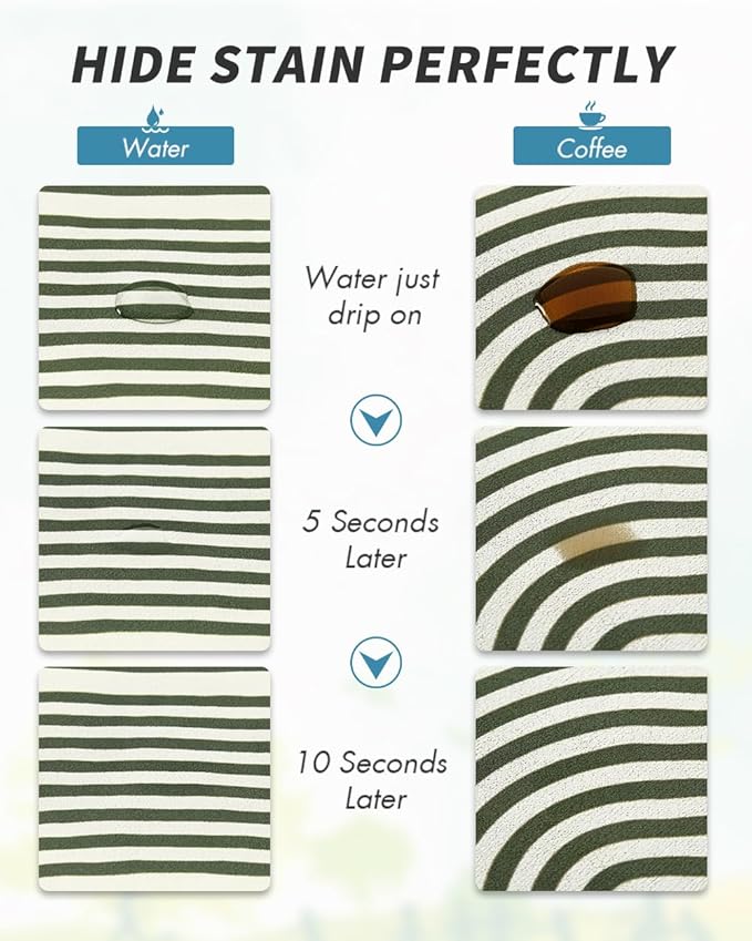 AMOAMI Coffee Mat Hide Stain Rubber Backed Absorbent Dish Drying Mat for Kitchen Counter - Fits Under Coffee Maker & Dish Rack - Green Line 12x19