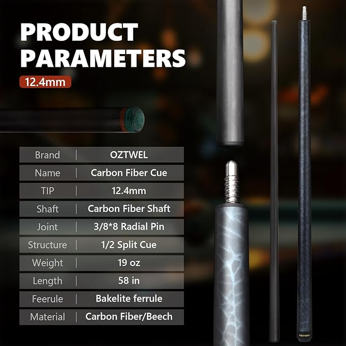 Carbon Fiber Pool Cue Stick, 12.4mm 8-Layer Tip Low Deflection Pool Cue Professional Pool Sticks for Adults with Pro Taper Cue Shaft 3/8 x 8 Joint Pin