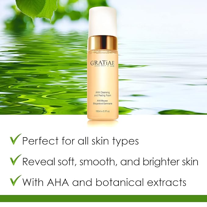Gratiae organics, AHA Cleansing and Peeling Foam face wash, non-drying facial cleanser for sensitive, acne & allergy prone and all Skin Types, facial cleanser. 5.1 Fl. Oz