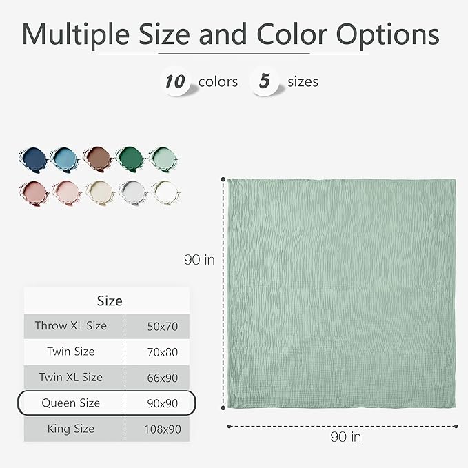 Carriediosa 100% Cotton Muslin Throw Blanket 90" X 90" Queen Size，4-Layers Summer Gauze Throws for Bed Couch，Soft Lightweight Breathable Linen Blankets Bedspread for Adults All Season，Sage Green