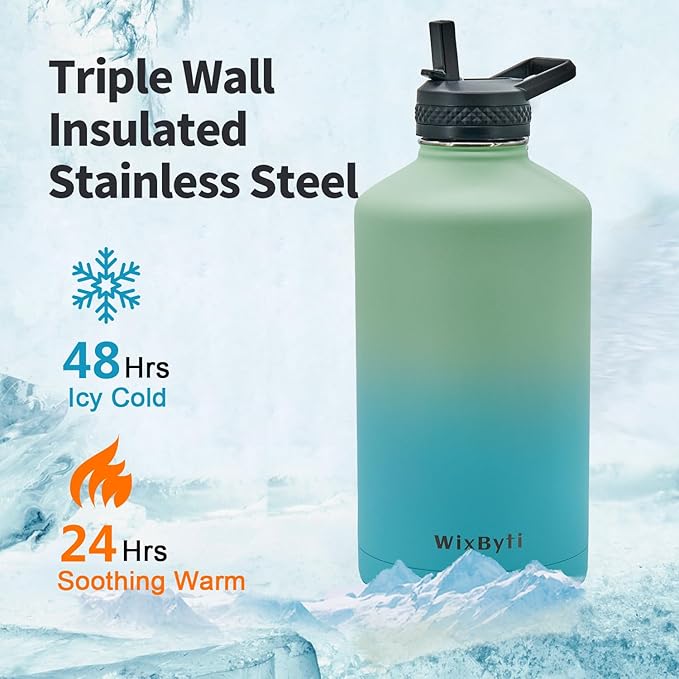 One Gallon Water Bottle Insulated, Triple Wall Vacuum Cold for 48 Hrs & Leak-proof & Non-BPA, 128oz Large Sports Stainless Steel Water Jug with Paracord Handle Straw Spout Lids & DIY Stickers