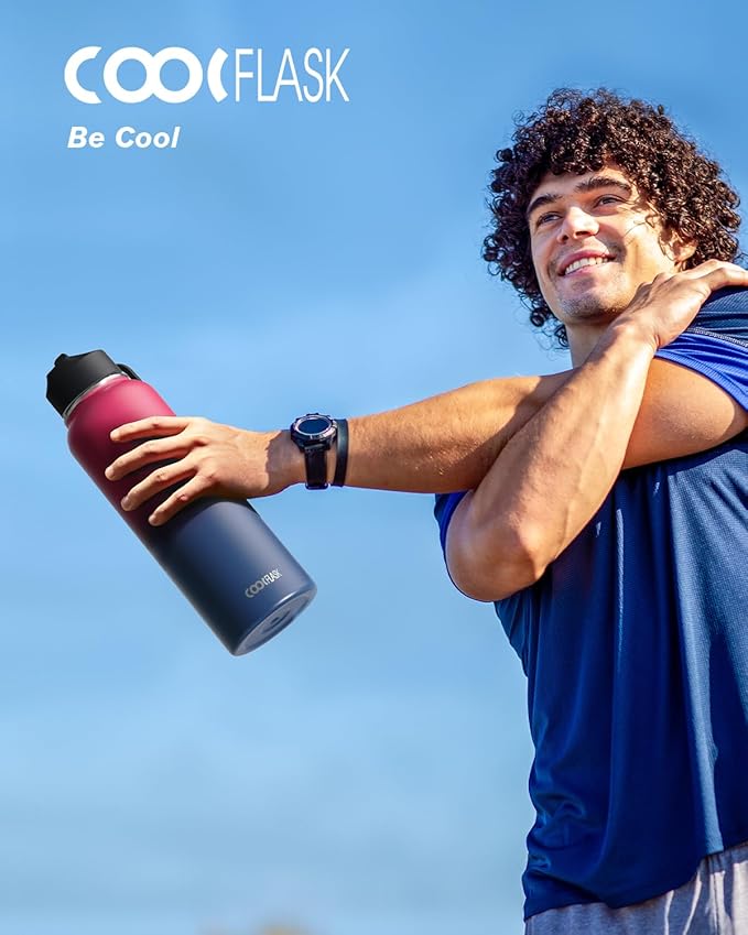 Water Bottle 40 oz Insulated with Straw&Brush, Coolflask Vaccum Stainless Steel Metal 3 Lids Water Flask for Sports, Gym or Office, Keep Cold 48H Hot 24H, Ombre Wine/Navy