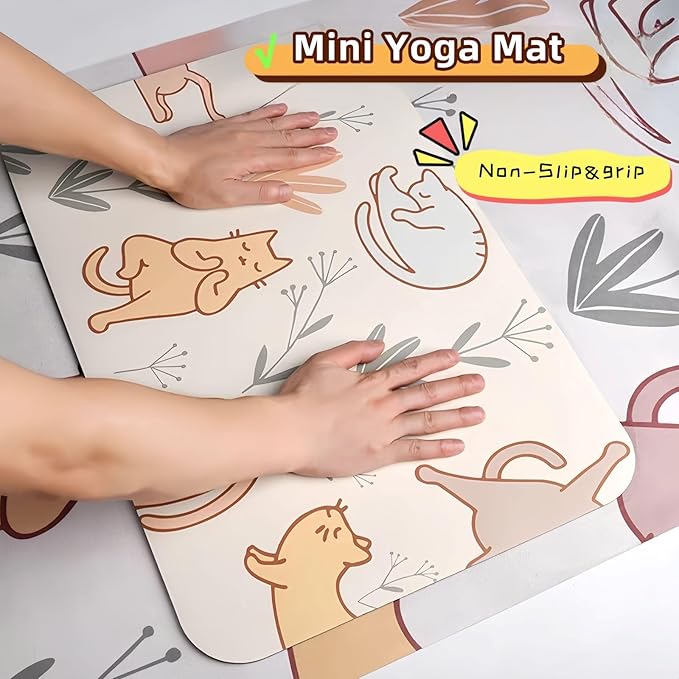 Mini Yoga Mat with Playful Cat Design, Yoga Knee Pads,Double-Sided Non-Slip, Meditation,Exercise Mat for Women&family use,White