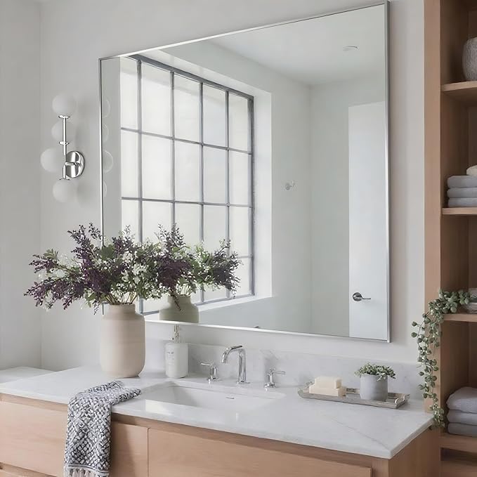 30x36 Inch Nickel Bathroom Mirror for Wall, Aluminum Frame Rectangle Rectangular Vanity Mirror, Modern Large for Bedroom, Living Room, Horizontal or Vertical