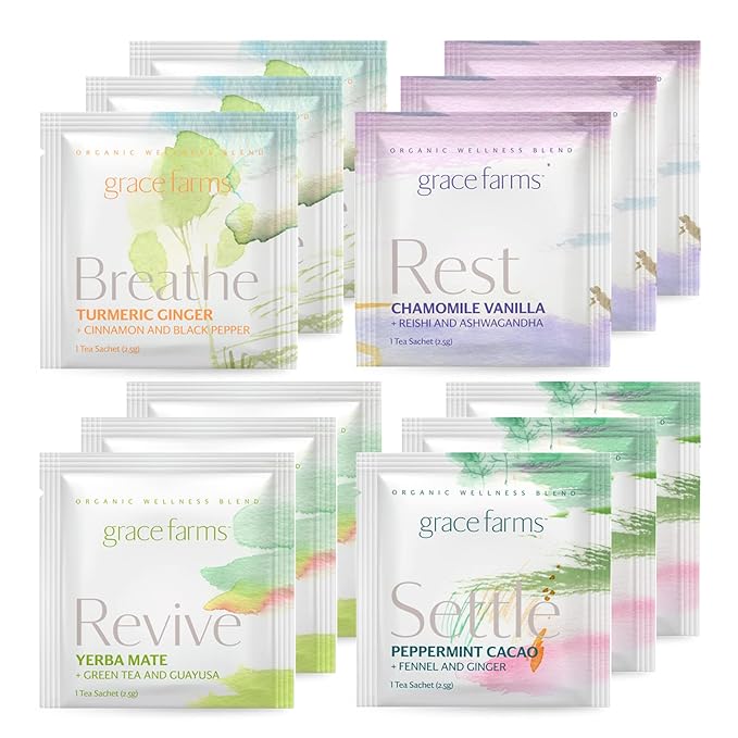 Grace Farms Wellness Organic Tea Blend Variety Box (12 Enveloped Sachets) | BREATHE, REST, REVIVE, and SETTLE | 3 Sachets of Each Tea With Adaptogens | Fairtrade & Kosher | Gives Back 100% of Profits