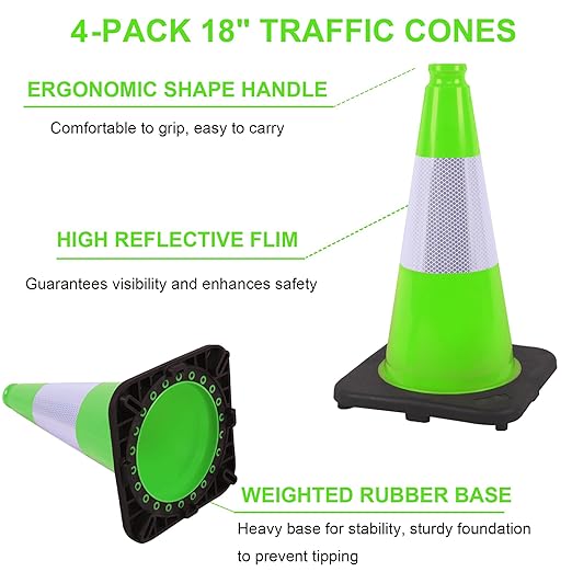 OrangeStar 4-Pack 18" Traffic Cones with Weighted Rubber Base, 6" Reflective Collar, Green Safety Cones for Parking Lot, Road Construction, Warehouse, Highway, Weatherproof PVC