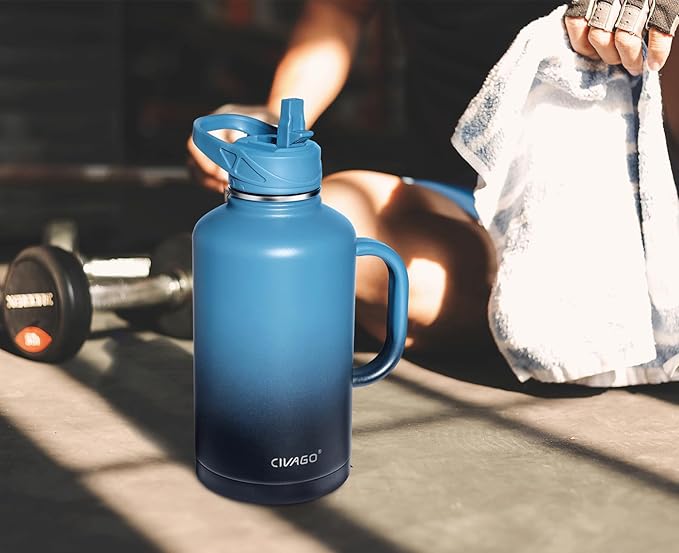 CIVAGO 64 oz Insulated Water Bottle Jug with Straw and Handle, Half Gallon Stainless Steel Water Flask, Large Sports Metal Water Bottle with Straw Lid (3 Lids), Big Thermal Mug Cup, Black