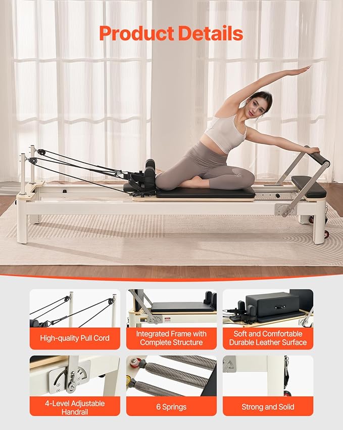 VEVOR Pilates Reformer Machine, Pilates Workout Equipment for Home Gym Studio Use, Pilates Bed with Dual Resistance- Spring & Cord, Reformer Set, Up to 400 LBS