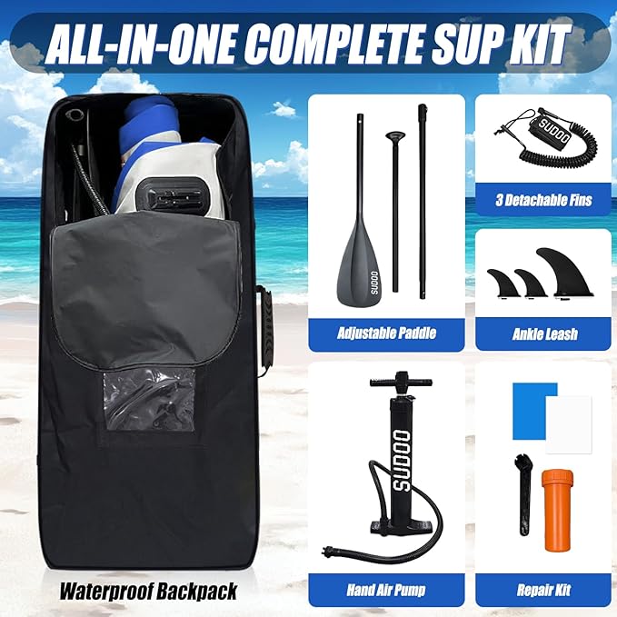 Inflatable Stand Up Paddle Board 10‘x30‘‘- Ultra-Light SUP with Backpack, Pump, Paddle, Coil Leash, 3 Fins, Repair Kit, Stable Design, Non-Slip EVA Deck for Adults & Youth