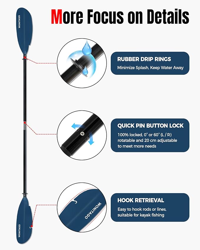 Angler Kayak Paddle with Fiberglass Shaft and Plastic Blade, Floating Adjustable Fihsing Kayak Oar, 220-240 cm/86-94", 240-260 cm/94-102", 260-280 cm/102-110"