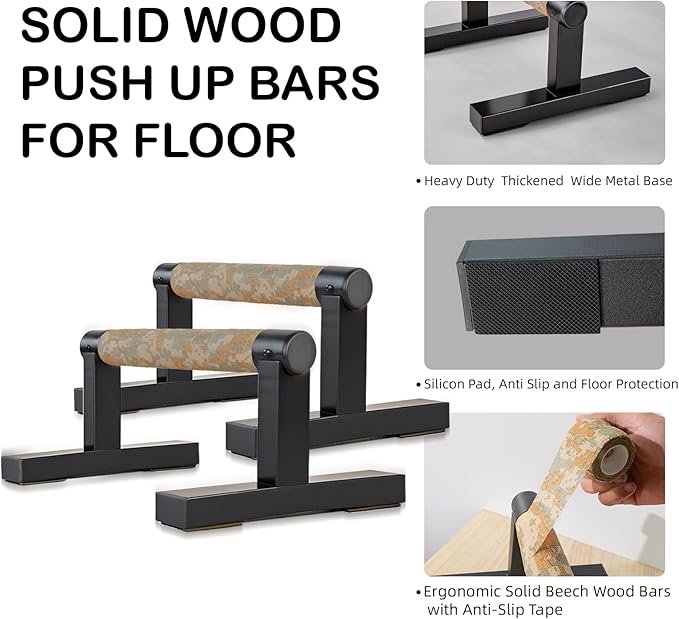 T Shape Floor Stand Wood Push Up Handle Bars for Men, Strength Training Pushup Stands Parallettes Bars with Sturdy Metal Bracket for Calisthenics, Fitness, Gymnastics, Workouts, Calistenia