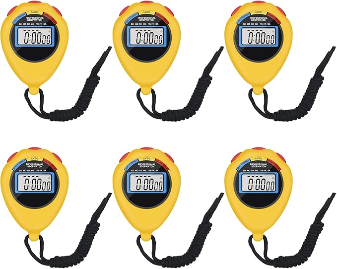 6 Pack Multi-Function Electronic Digital Sport Stopwatch Timer, Large Display with Date Time and Alarm Function,Suitable for Sports Coaches Fitness Coaches and Referees (Yellow)