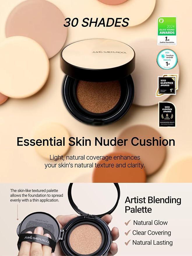 JUNG SAEM MOOL Essential Skin Nuder Cushion 23N Honey 0.49 Fl Oz, No Refill, Natural Radiant Finish Cushion Foundation with Buildable Coverage, Lightweight Texture, Korean Foundation Makeup