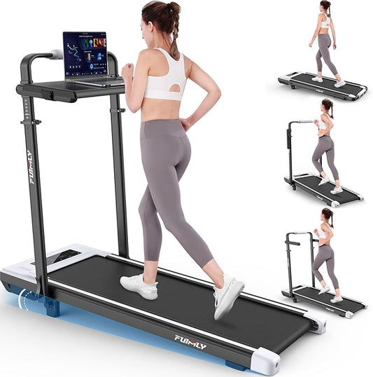 Walking Pad Treadmill with Desk Workstation, 10% Incline Foldable Treadmill with Handrail, 300lbs Capacity, 3 Control Methods, 8 in 1 Folding Treadmills for Home Office