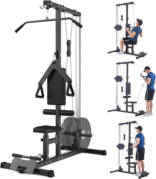 LAT Pulldown Machine, Multi-Functional Cable Machine with High and Low Pulley Station, Row Cable Machine Home Gym with Leg Support, Tricep Workout Equipment