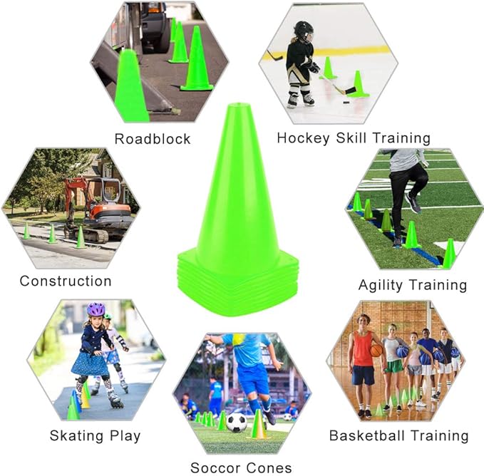 9 Inch Plastic Training Traffic Cones, Sport Cones, Agility Field Marker Cones for Soccer Basketball Football Drills Training, Outdoor Activity or Events - (Set of 10, 12, 15 or 24, 4 Colors)